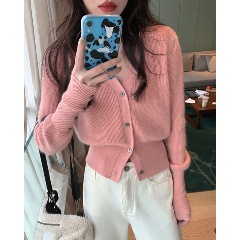 NIQUE Pink Knitted Cardigan for Autumn and Winter Design Female Spring and Autumn Korean Fashionable Inner Sweater Jacket V-neck Top