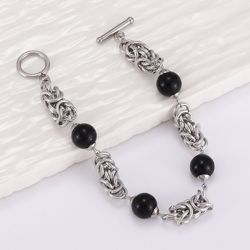 Trendy men's titanium steel obsidian splicing cross bracelet high street ins hip-hop niche cold style men's bracelet
