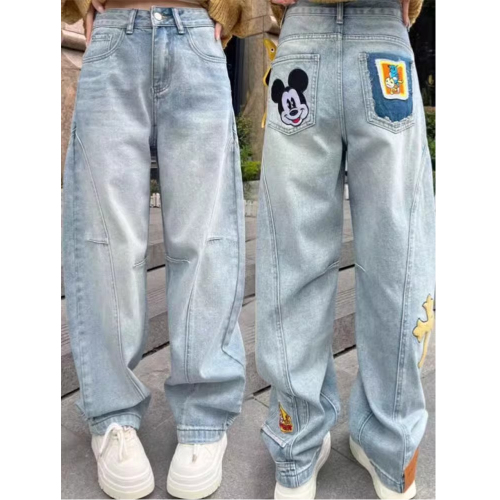 European and American cartoon Mickey patch embroidered jeans for women new fashion trend banana wide-leg straight scimitar pants