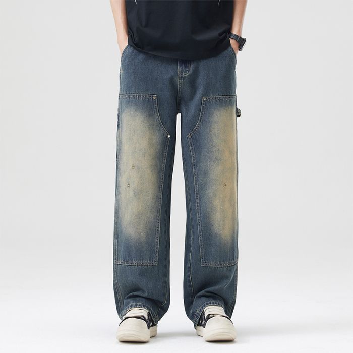 Autumn new retro wash straight jeans men's American trendy high street loose wide-leg floor pants 2025