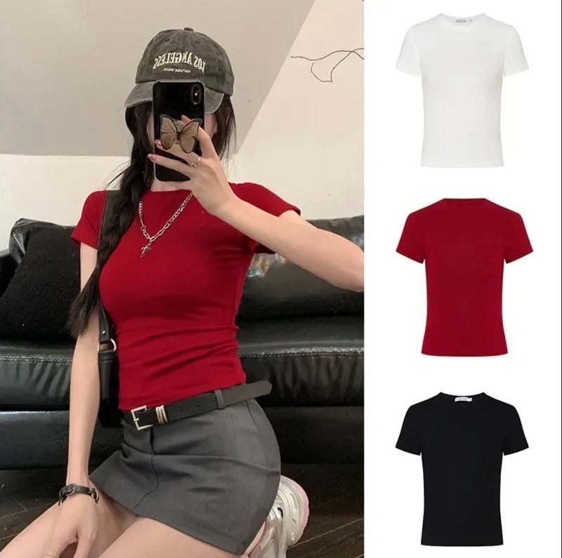 New hot girl slim and slim shoulder short-sleeved T-shirt waist-hugging solid color sports top solid color short base shirt for women