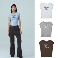 Korean niche spring and summer new trendy brand RR letters for women's slim round neck short short sleeve top