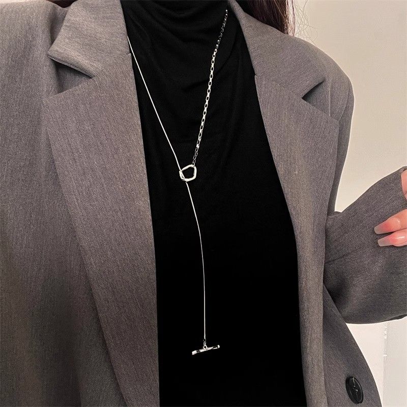 S925 sterling silver splicing ot button necklace for women's autumn and winter light luxury trendy niche design high-end long sweater chain