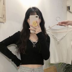 Black base shirt for women's spring, autumn and winter new design style, long-sleeved short collarbone top versatile