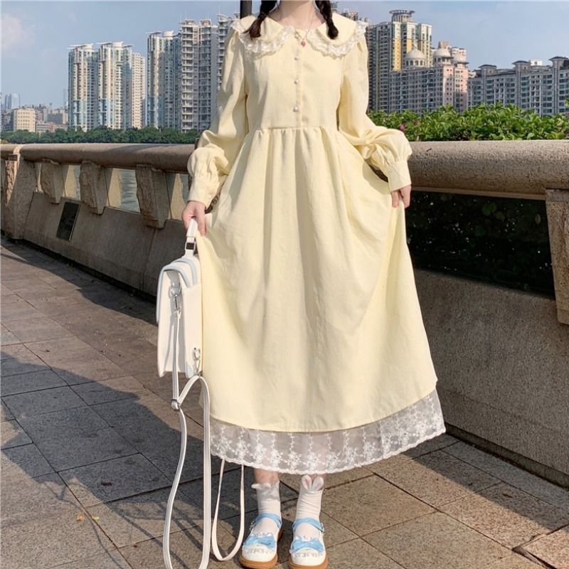 2023 new Japanese soft girl lace lace doll collar long sleeve dress for women autumn and winter temperament long skirt