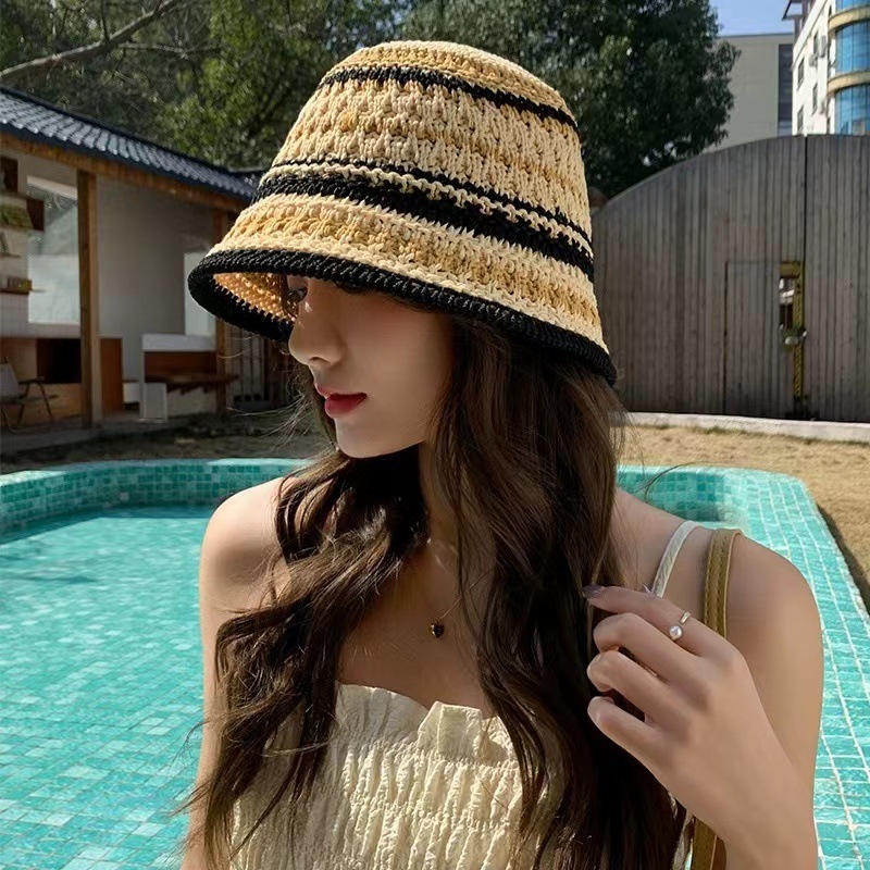 Hat for summer women's striped knitted hollow fisherman hat breathable thin sun hat fashionable basin hat bucket sun hat