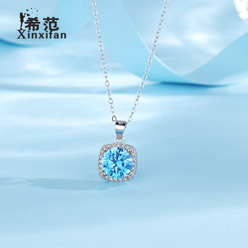 s925 sterling silver ocean heart necklace Korean style fashion square diamond blue crystal pendant collarbone chain versatile silver jewelry wholesale