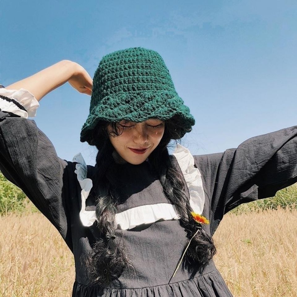 Hat for women in autumn and winter solid color handmade knitted fisherman hat Korean cute pot hat Japanese literary retro wool hat