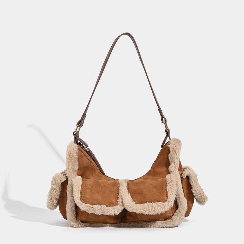 High-end textured lamb fur underarm bag autumn and winter new retro spliced ​​multi-pocket shoulder bag fashionable and versatile