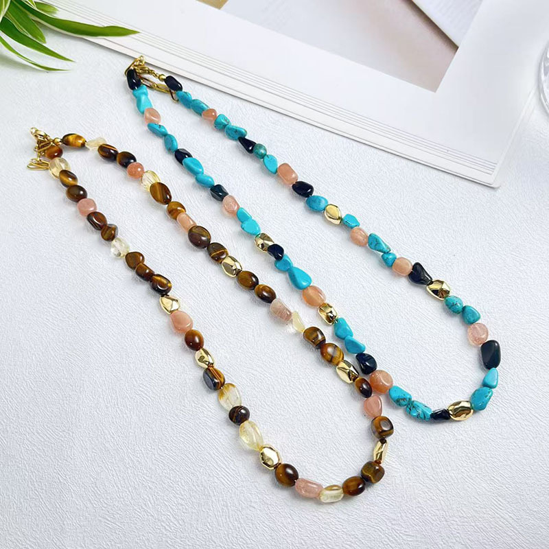 Niche design irregular caramel color beaded necklace retro natural blue turquoise gold bead sweater chain autumn and winter hot style