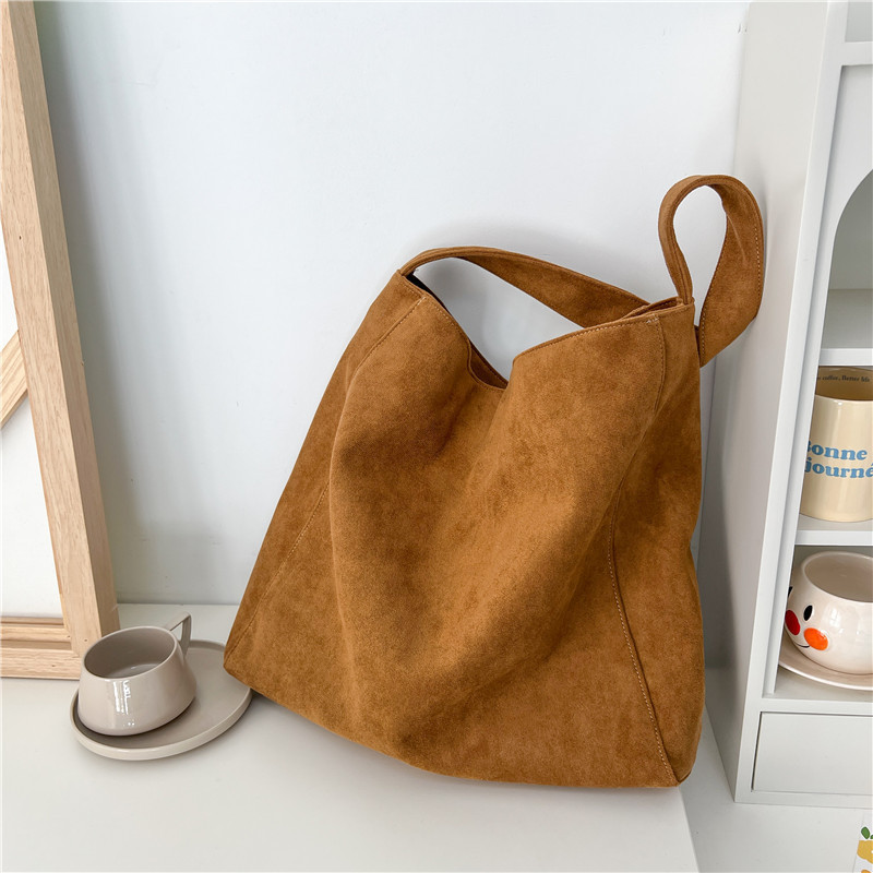 Woolen working canvas bag French simple large capacity polyester shoulder bag suede crossbody bag women's backpack