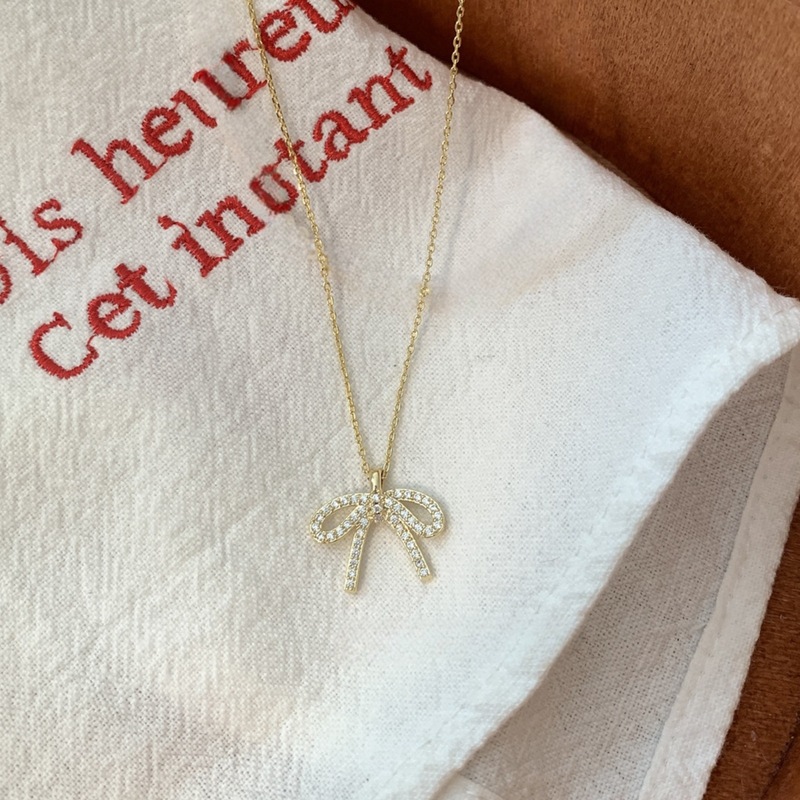 S925 silver plated 14K gold bow pendant necklace zircon light luxury niche design clavicle chain temperament necklace
