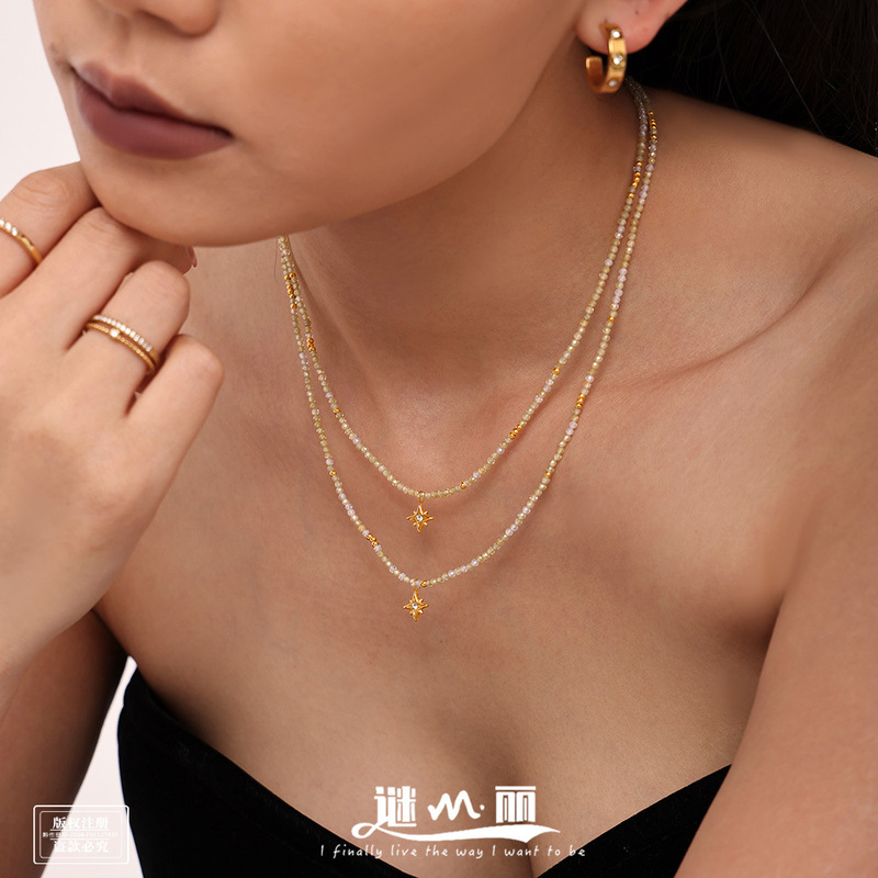 Myri Stainless Steel Eight Star Shining Zircon Pendant Natural Stone Clamps Bone Necklace Elegant Temperament Jewelry Wholesale