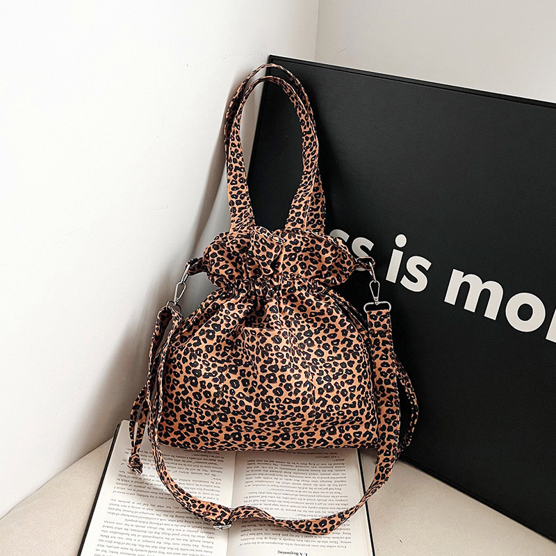 Foreign trade literary leopard print large capacity lazy style cloth bag for women new personalized fashion one-shoulder drawstring bucket bag