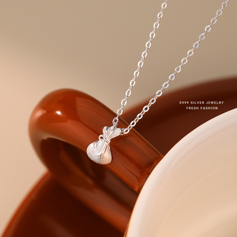 s999 sterling silver transport small bag necklace women's Chinese style brushed light luxury design feel silver exquisite Korean style collarbone chain