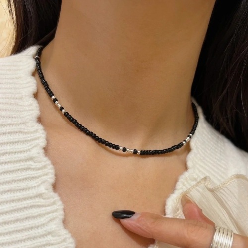 925 silver Korean blogger fever the same natural black agate stone beaded necklace fashionable and versatile stacked collarbone chain