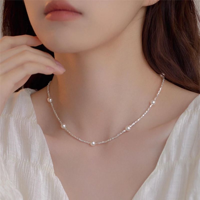 Natural freshwater pearl broken silver necklace for women S925 sterling silver broken silver several liang light luxury niche star collarbone chain