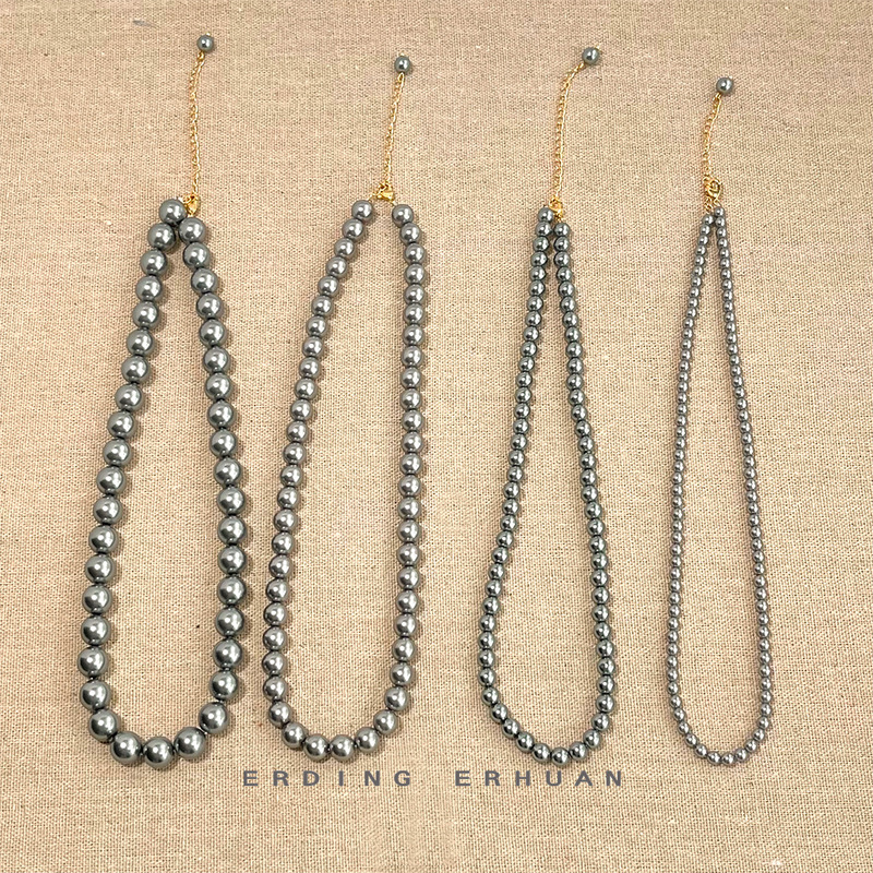 Shijia Glass Pearl Good Quality Grey Necklace Electroplating 14K Color Resistant Very Textured Sweater Chain Necklace
