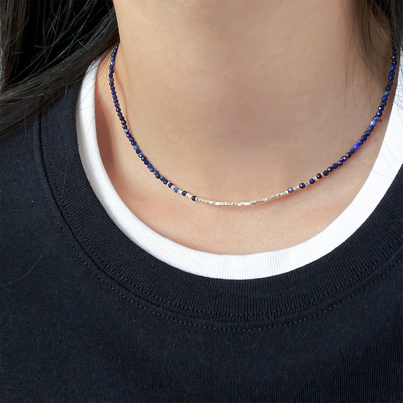 Airochi S925 Sterling Silver Broken Silver Lapis Lazuli Necklace Personalized Blue Beaded Necklace Clarbone Chain Y01431