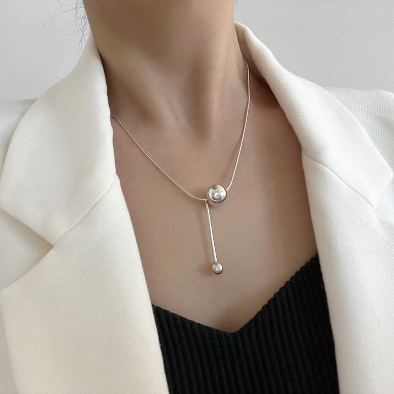 Korean version S925 silver-sized ball necklace for women retro fashion tassel collarbone chain personalized hip hop ins sweater chain
