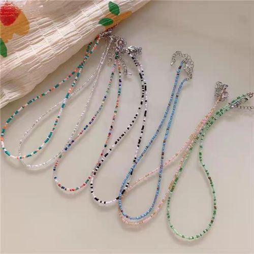 Korean retro colored beaded rice bead necklace girl style rainbow rice bead necklace bohemian color necklace