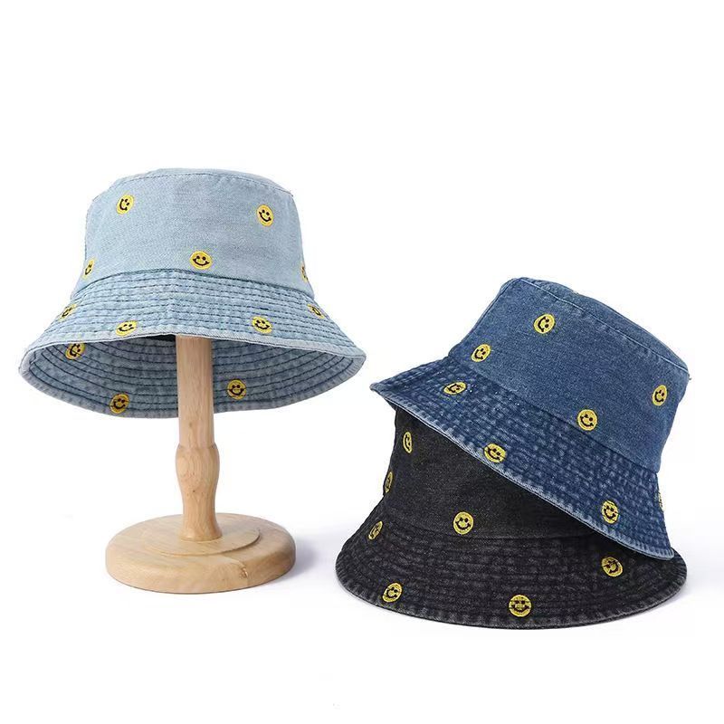 Japanese chic cute smiling face denim fisherman hat girl summer versatile student travel sun protection hat trend