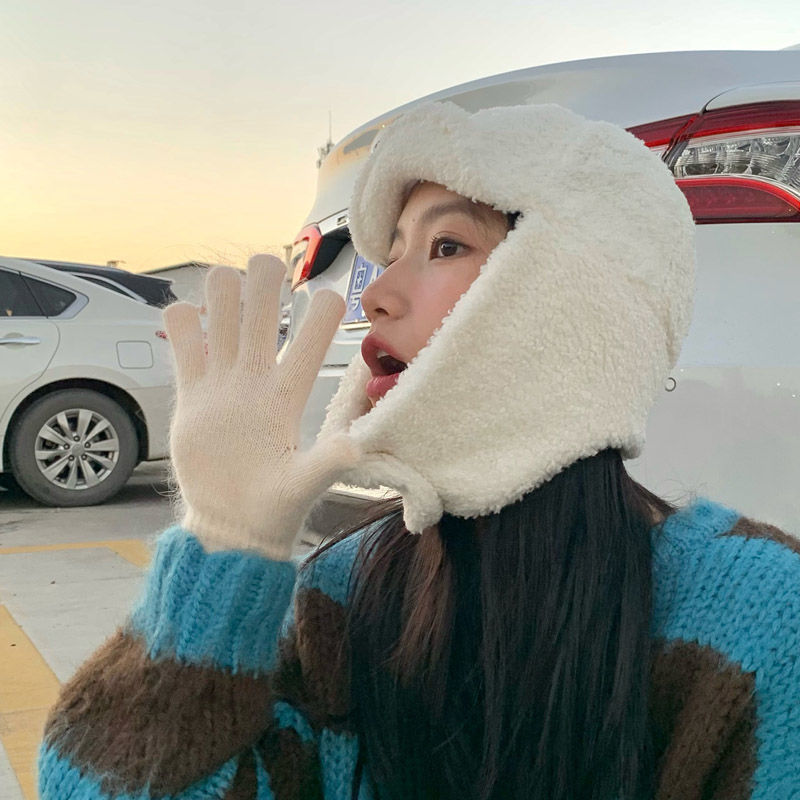 Japanese lamb velvet cute plush thickened ear protection Lei Feng hat for women in autumn and winter ins Korean version flying hat ski hat trend