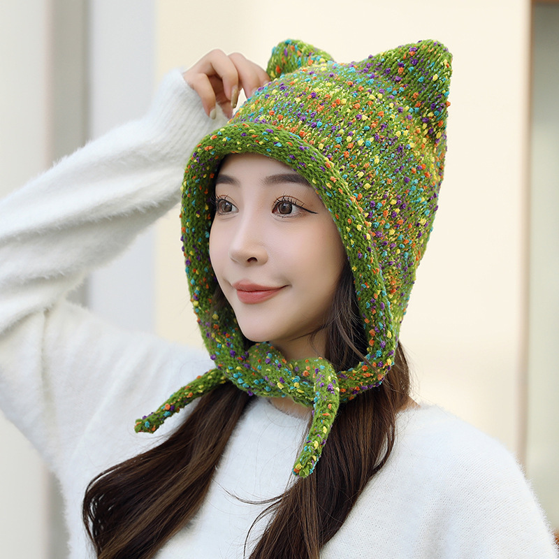 New wool hat for women cat ears rainbow color braid knitted hat outdoor street cute bag head hat
