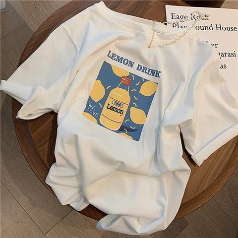 100% solid color LEMON gray letter printed short-sleeved T-shirt for women 2025 summer new Korean version loose solid color