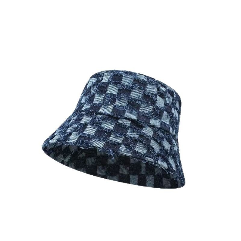 New retro fisherman hat sun protection sun hat washing denim versatile chess board plaid bucket basin hat showing face little girl