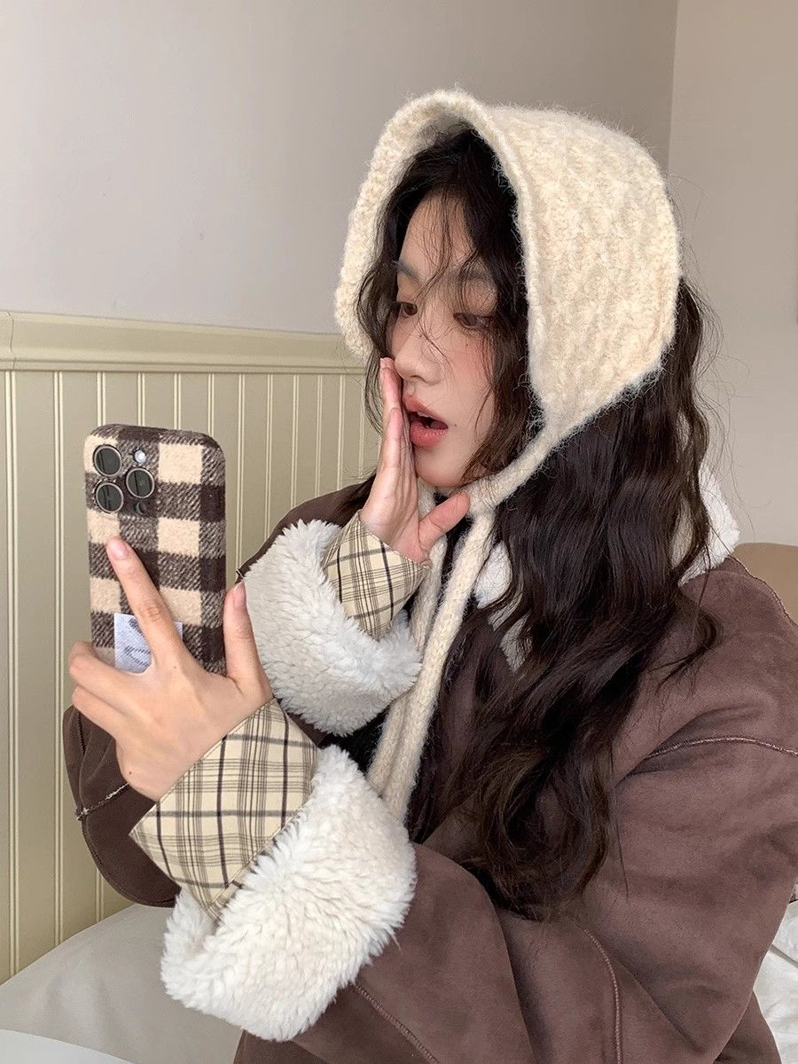 【61% repurchase rate】Korean ins blogger cute warm ear protection hat strap knitted wool ear cuffs for women autumn and winter cute ear warm