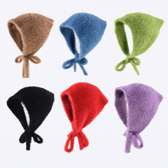 French headscarf for women in autumn and winter warm fluffy knitted wool triangle scarf sweet and cute tied lace-up hat
