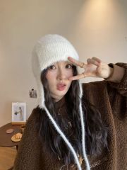 2024 hat new autumn and winter strap autumn and winter wool hat Korean version warmth Lei Feng ear protection wool knit