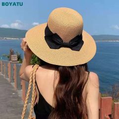 Bow straw weaving fisherman hat women summer beach vacation sun protection beach hat big brim sun protection sun hat versatile