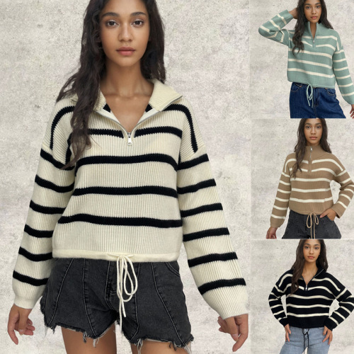 Amazon half-zipper striped sweater European and American autumn and winter new style foreign trade thickened loose pullover short sweater for women