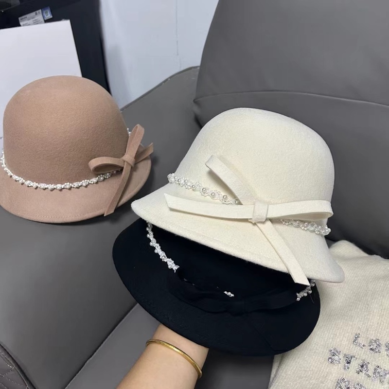 New autumn and winter folded edge pearl thin felt strip bow decorative wool fisherman's hat versatile and fashionable warm basin hat for women