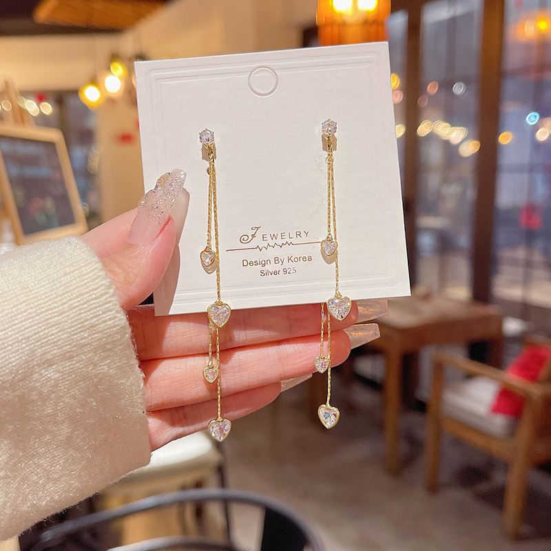 South Korea 925 silver needle temperament exquisite love tassel earrings internet celebrity long earrings one two-wear zircon earrings
