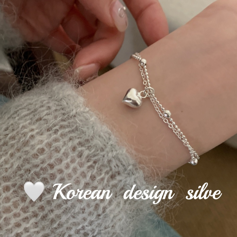The same silver jewelry for Korean ins blogger S925 sterling silver three-dimensional small love double-layer bracelet niche design sense for women