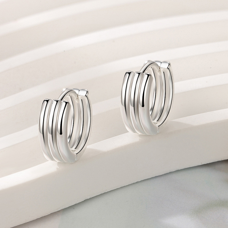 Korean version of three-layer striped silver earrings Korean style versatile lines golden ear buckles sweet and fresh earrings geometry