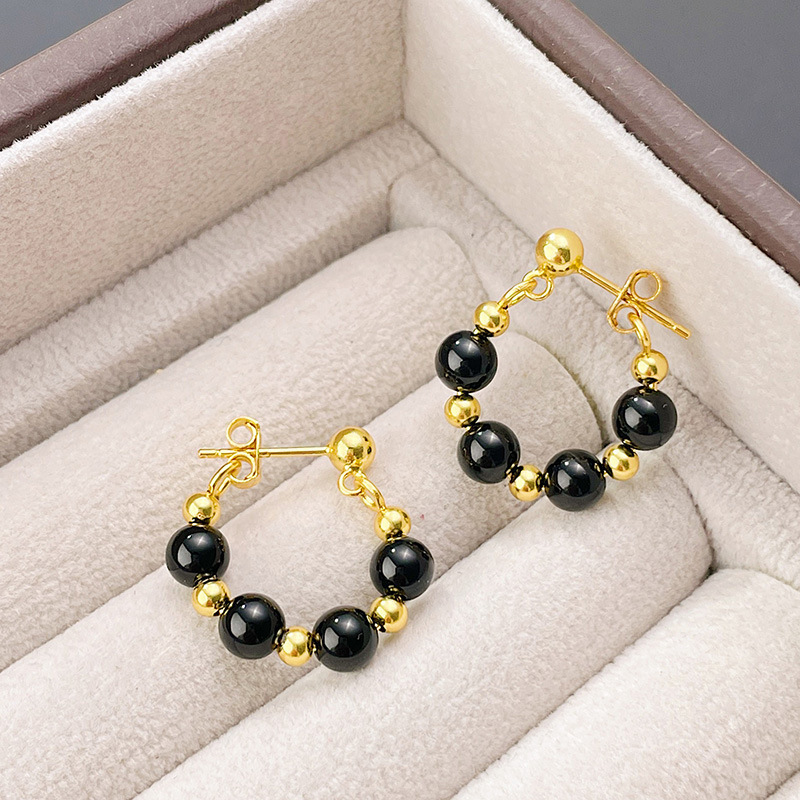 S925 Sterling Silver Black Agate Earrings Women's Light Luxury Earrings New Year's Fashion Ins High-end Earrings