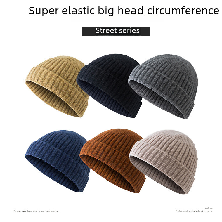 Super elastic knitted hat men Japanese Harajuku brimmed dome melon leather hat women street trendy landlord wool hat men