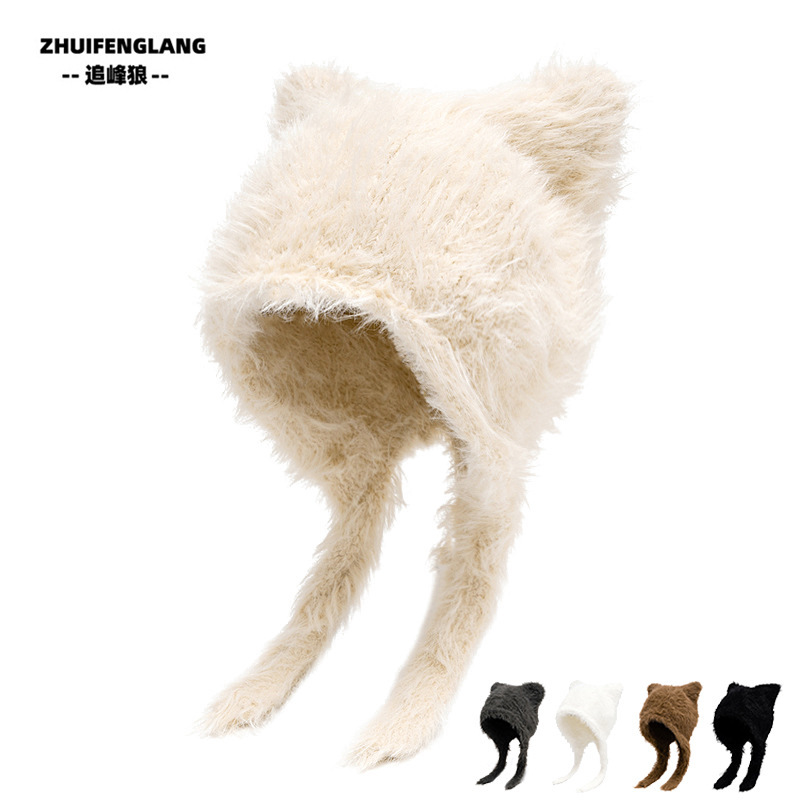 Fluffy little bear hat for women in autumn and winter cute and versatile face showing small Lei Feng hat ear protection bag head hat warm wool hat