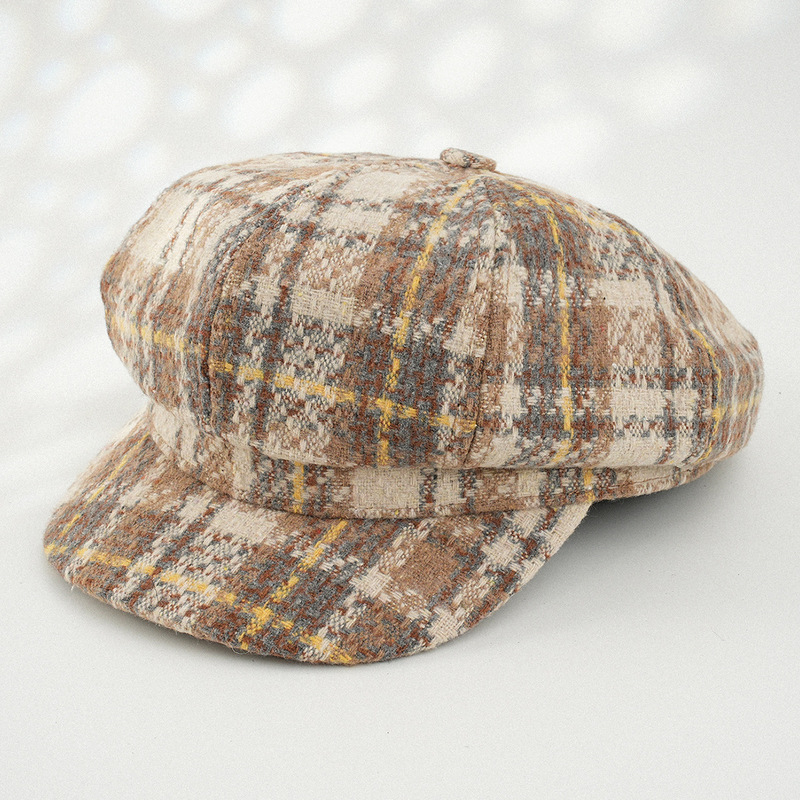Cross-border hot women's autumn and winter retro warm houndstooth plaid hat eight beret suitable for daily shopping