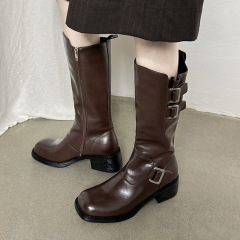 Sweet and cool style belt buckle full cowhide high tube western cowboy boots autumn and winter square toe thick medium heel genuine leather boots for women