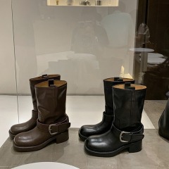 Seoul boots ~ Retro side buckle thick heel mid-tube western cowboy boots short boots women motorcycle boots