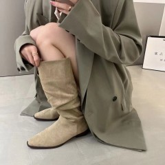 Stack boots for women knight boots autumn new retro suede thick heel small square toe wrinkled high boots autumn