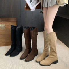 Suede square toe thick heel boots for women in autumn and winter new style slim plus velvet high tube knight boots retro slim boots