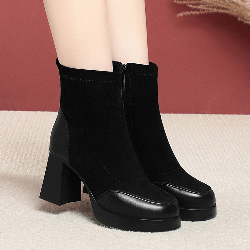 Spring and autumn single boots, suede elastic thin boots, square toe high heels, short boots, women's thick heels, Chelsea boots, convenient side zipper