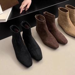 Square-toe suede versatile thick heel thin boots for women's autumn and winter plus velvet new style Martin boots Korean ankle boots