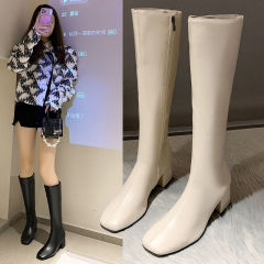 Slim square-toe elastic boots but soft knees, thick heels, thick soles, high boots, fat MM large-tube knight boots, women